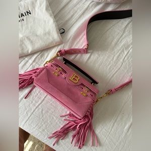Balmain B-Buzz 19 Rose Pink Suede Fringe Baguette Shoulder Bag